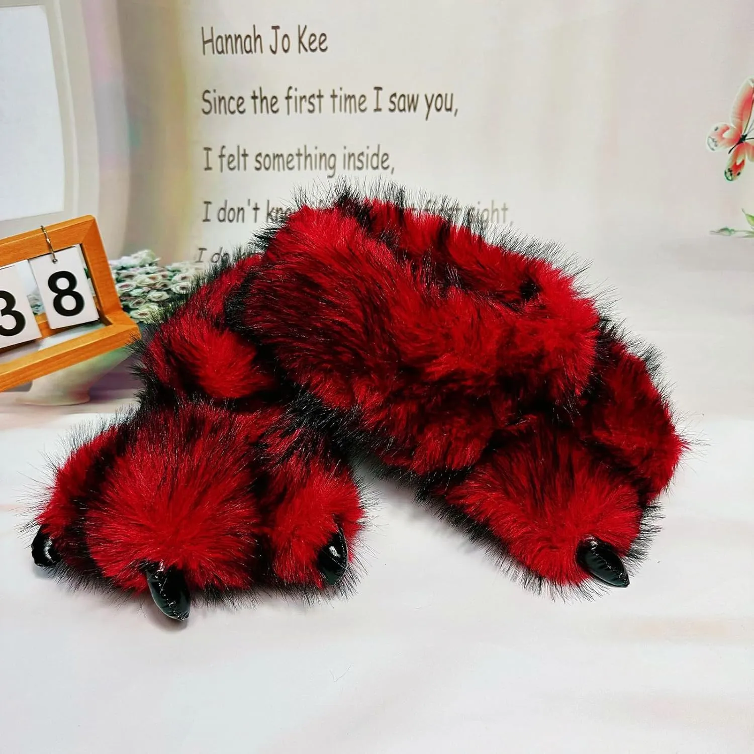 Fluffy Monster Claw Slippers for Men Women, Furry Plush Home Shoes, Winter Warm Faux Fur Indoor House Footwear, Funny Dinosaur Paw Dress up Gift