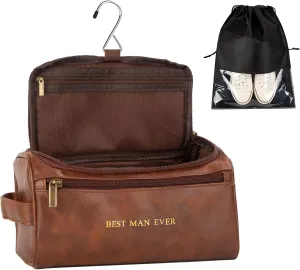 Flycalf Personalized Leather Toiletry Bag for Men Gift Fathers Day 2024 Bathroom Traveling Shaving Bag Hanging Water Resistant Organizer (Brown)