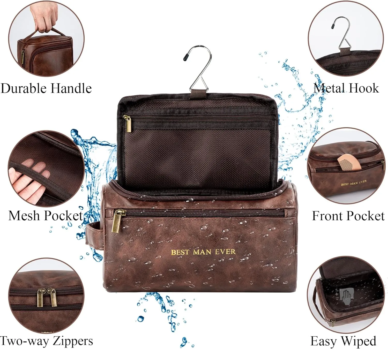 Flycalf Personalized Leather Toiletry Bag for Men Gift Fathers Day 2024 Bathroom Traveling Shaving Bag Hanging Water Resistant Organizer (Brown)