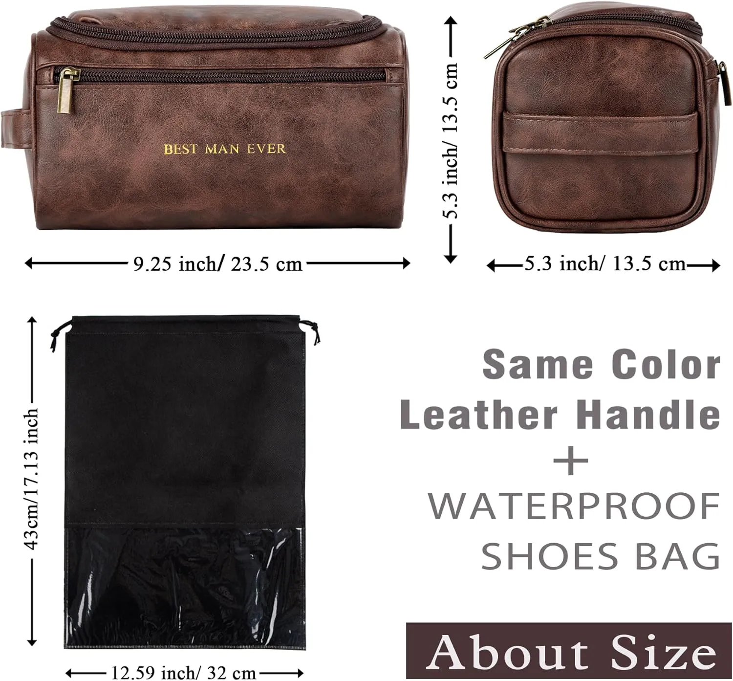 Flycalf Personalized Leather Toiletry Bag for Men Gift Fathers Day 2024 Bathroom Traveling Shaving Bag Hanging Water Resistant Organizer (Brown)