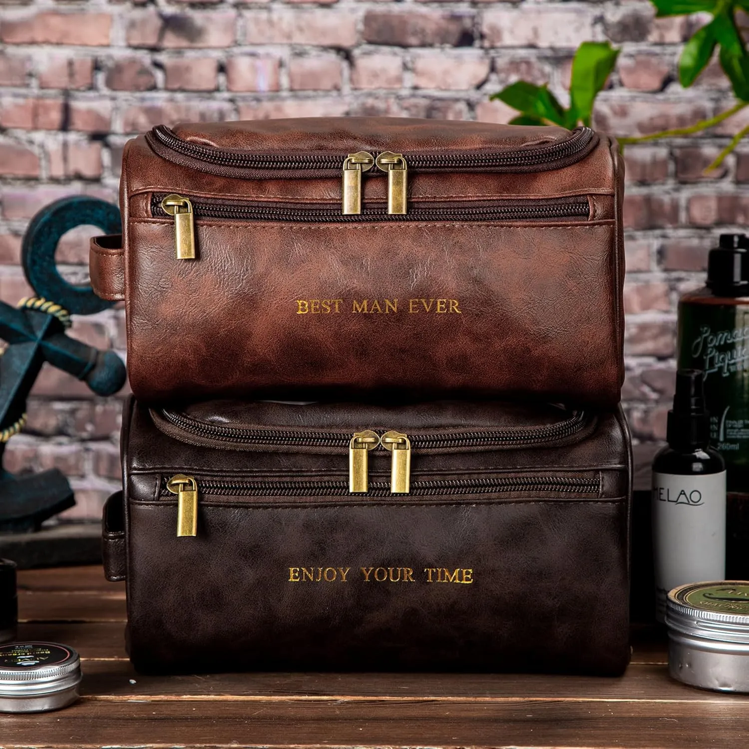 Flycalf Personalized Leather Toiletry Bag for Men Gift Fathers Day 2024 Bathroom Traveling Shaving Bag Hanging Water Resistant Organizer (Brown)