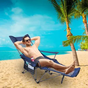 Foldable Camping Chair with Reclining Backrest Angle, Cup Holder, Pillow, Side Pocket, Carry Bag, for Garden, Backyard, Courtyard(66" D×22.4" W×37.4" H) (Blue)