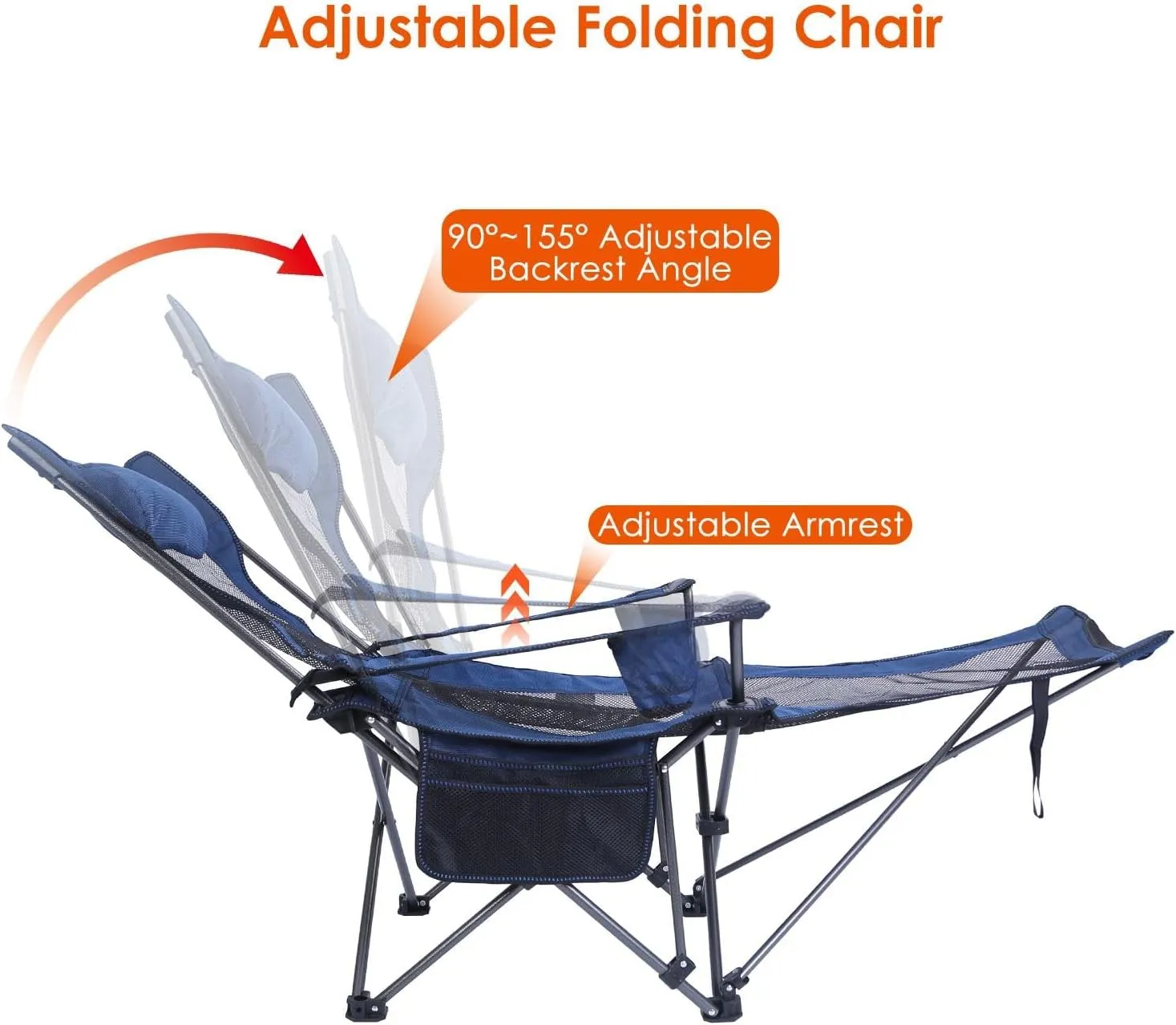 Foldable Camping Chair with Reclining Backrest Angle, Cup Holder, Pillow, Side Pocket, Carry Bag, for Garden, Backyard, Courtyard(66" D×22.4" W×37.4" H) (Blue)