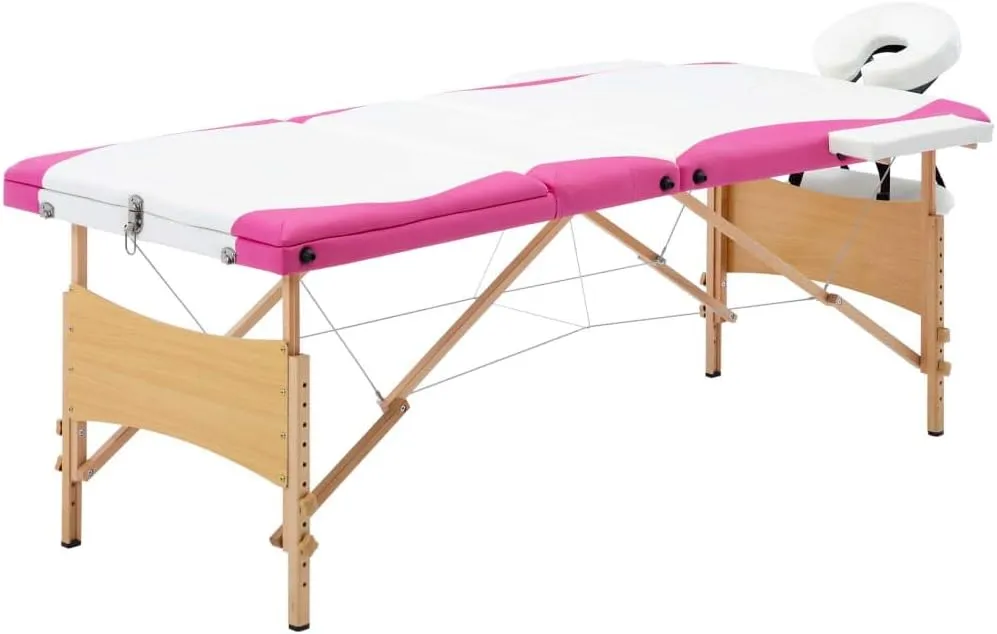 Foldable Massage Table 3 Zones Wooden Frame, Adjustable Height for Comfort, Faux Leather Upholstery, White and Pink