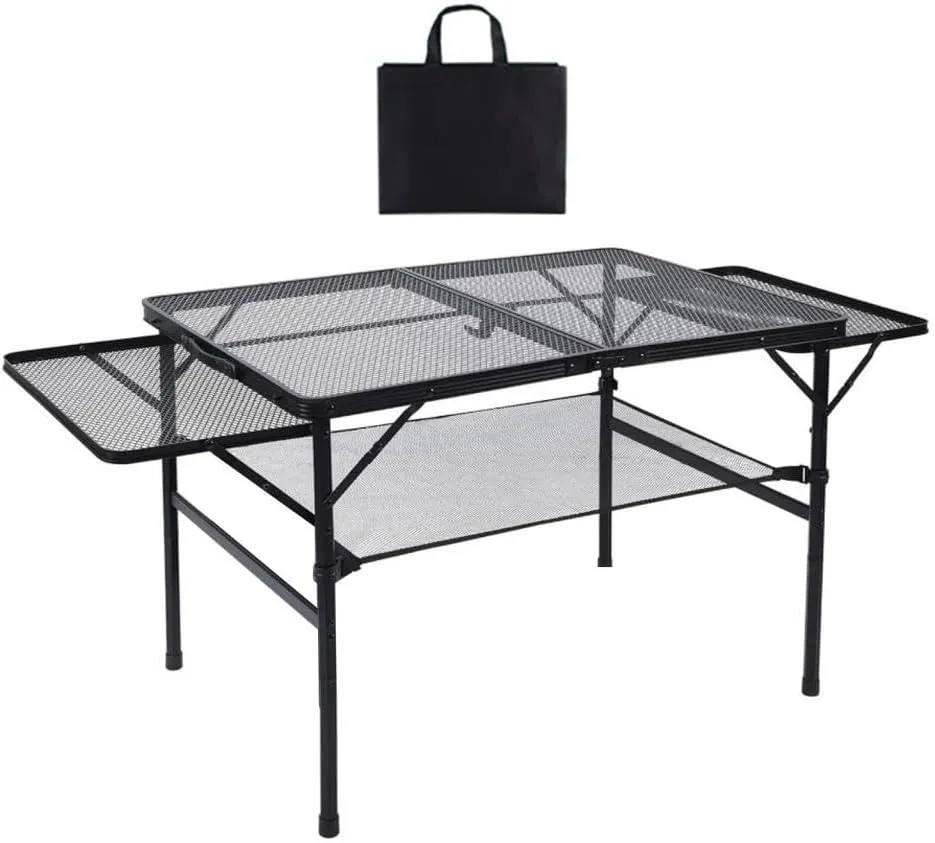 Folding Grill Table Mesh Desktop Carry Handle Side Pocket Camping Table Adjustable Height for Cooking Indoor Beach RV Outdoor
