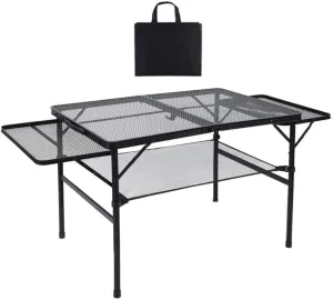 Folding Grill Table Mesh Desktop Carry Handle Side Pocket Camping Table Adjustable Height for Cooking Indoor Beach RV Outdoor