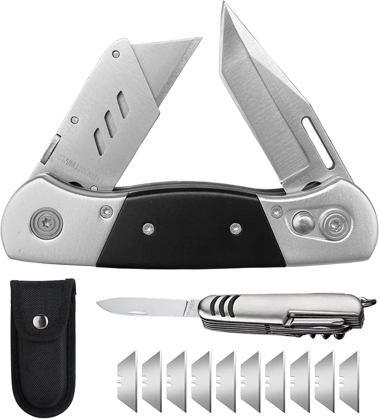 Folding Utility Knife with Sheath and 10 Razor Blades, Heavy Duty Box Cutter Knife with Dual Blades, Construction Knife Electrician Knife for Carpet Cardboard Work, Pocket Knives Set Gift for Men