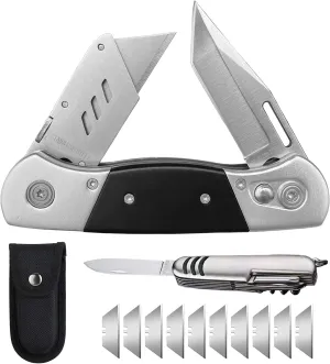 Folding Utility Knife with Sheath and 10 Razor Blades, Heavy Duty Box Cutter Knife with Dual Blades, Construction Knife Electrician Knife for Carpet Cardboard Work, Pocket Knives Set Gift for Men