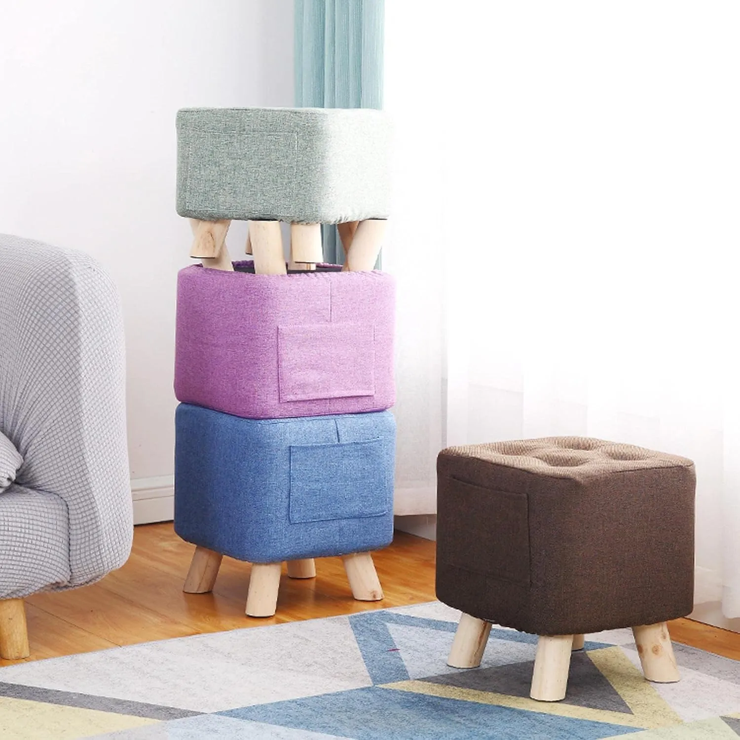 Foot Stool Ottomans Linen Shoe Change Stool Small Footstool Rest Stool Square Foot Stools Footstools for Living Room Ottomans for The Bedroom, Brown- 28x28x31cm