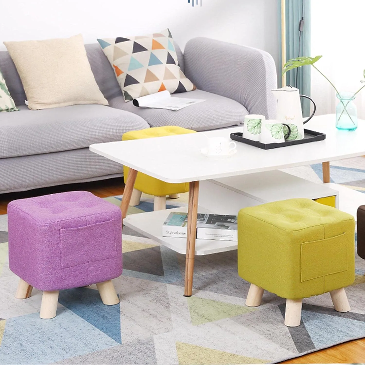 Foot Stool Ottomans Linen Shoe Change Stool Small Footstool Rest Stool Square Foot Stools Footstools for Living Room Ottomans for The Bedroom, Brown- 28x28x31cm
