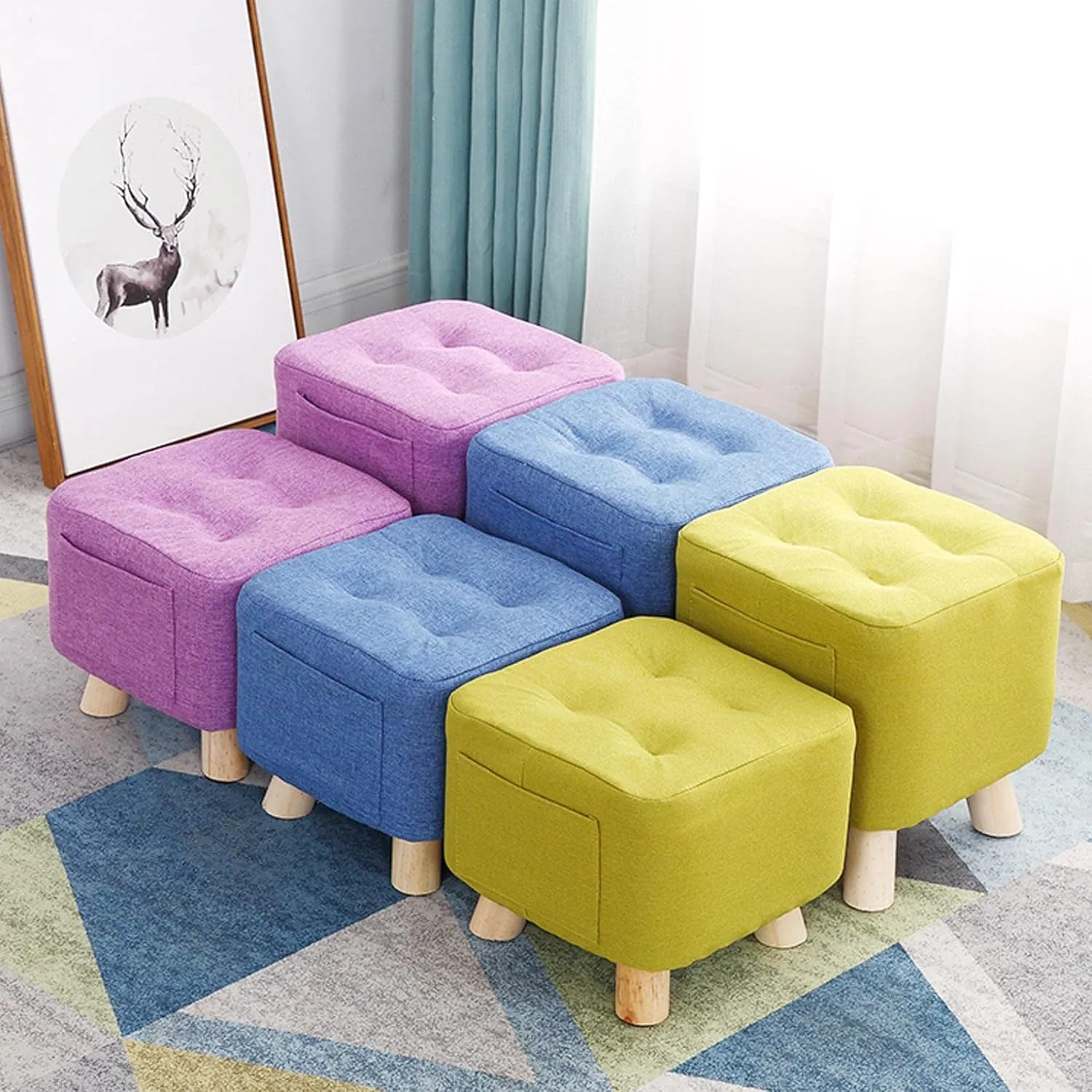 Foot Stool Ottomans Linen Shoe Change Stool Small Footstool Rest Stool Square Foot Stools Footstools for Living Room Ottomans for The Bedroom, Brown- 28x28x31cm