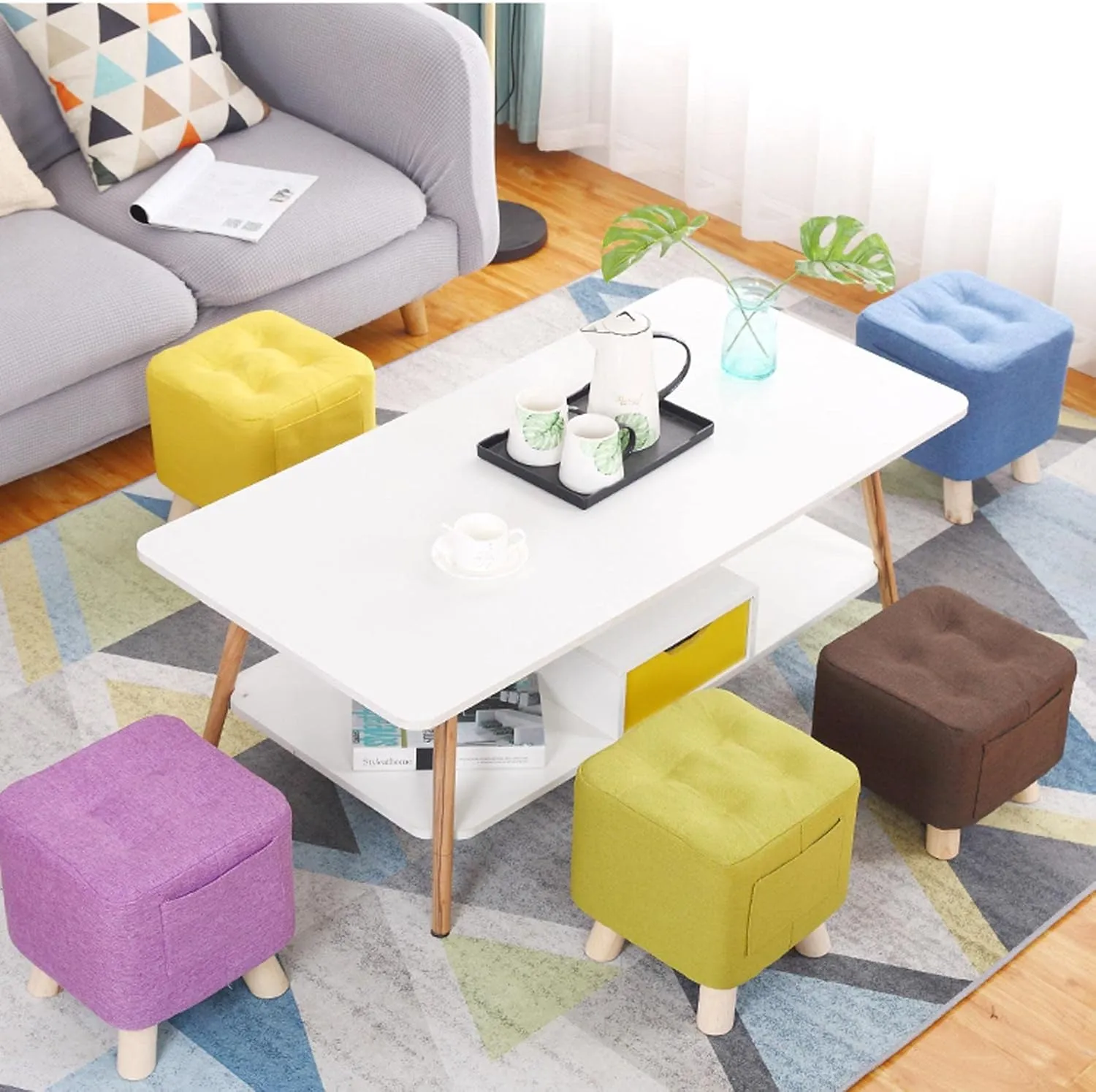 Foot Stool Ottomans Linen Shoe Change Stool Small Footstool Rest Stool Square Foot Stools Footstools for Living Room Ottomans for The Bedroom, Brown- 28x28x31cm