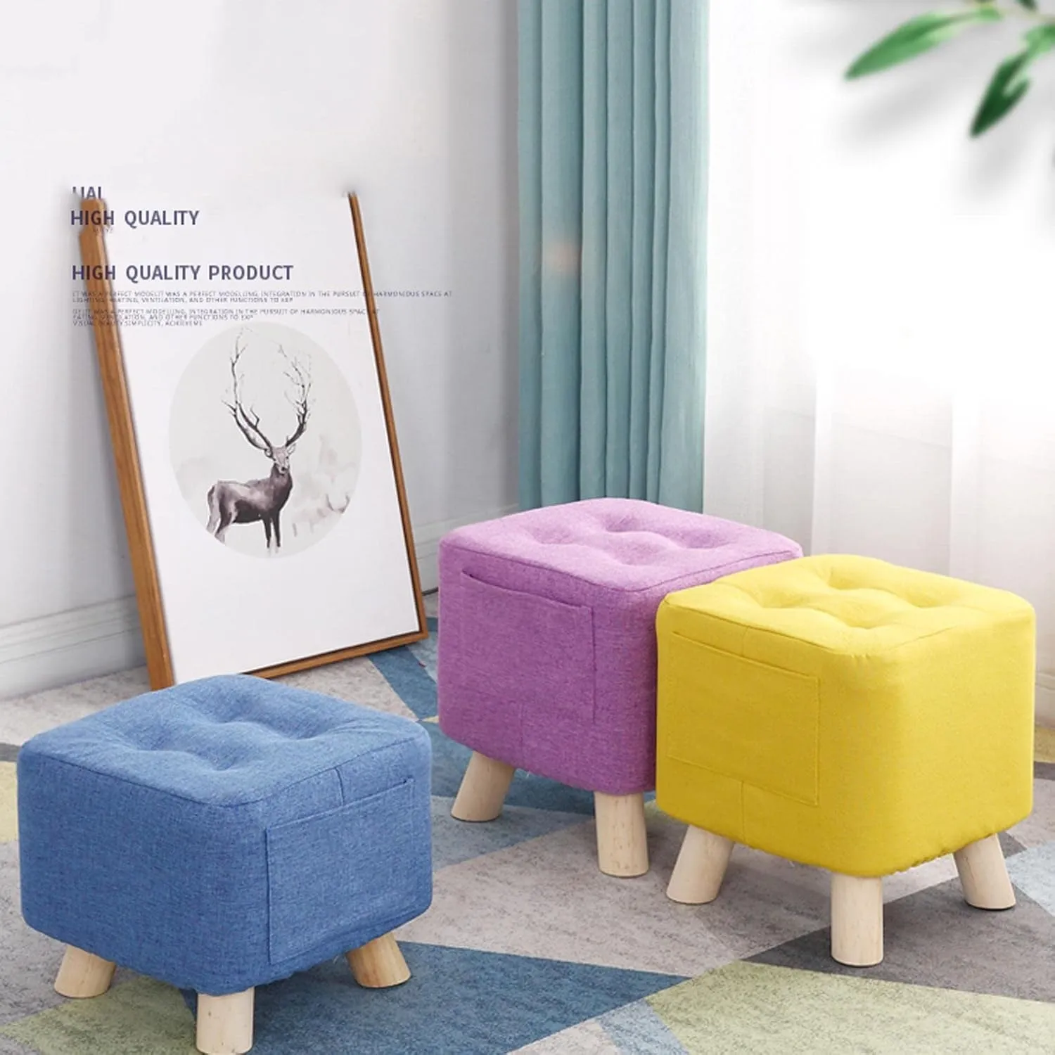 Foot Stool Ottomans Linen Shoe Change Stool Small Footstool Rest Stool Square Foot Stools Footstools for Living Room Ottomans for The Bedroom, Brown- 28x28x31cm
