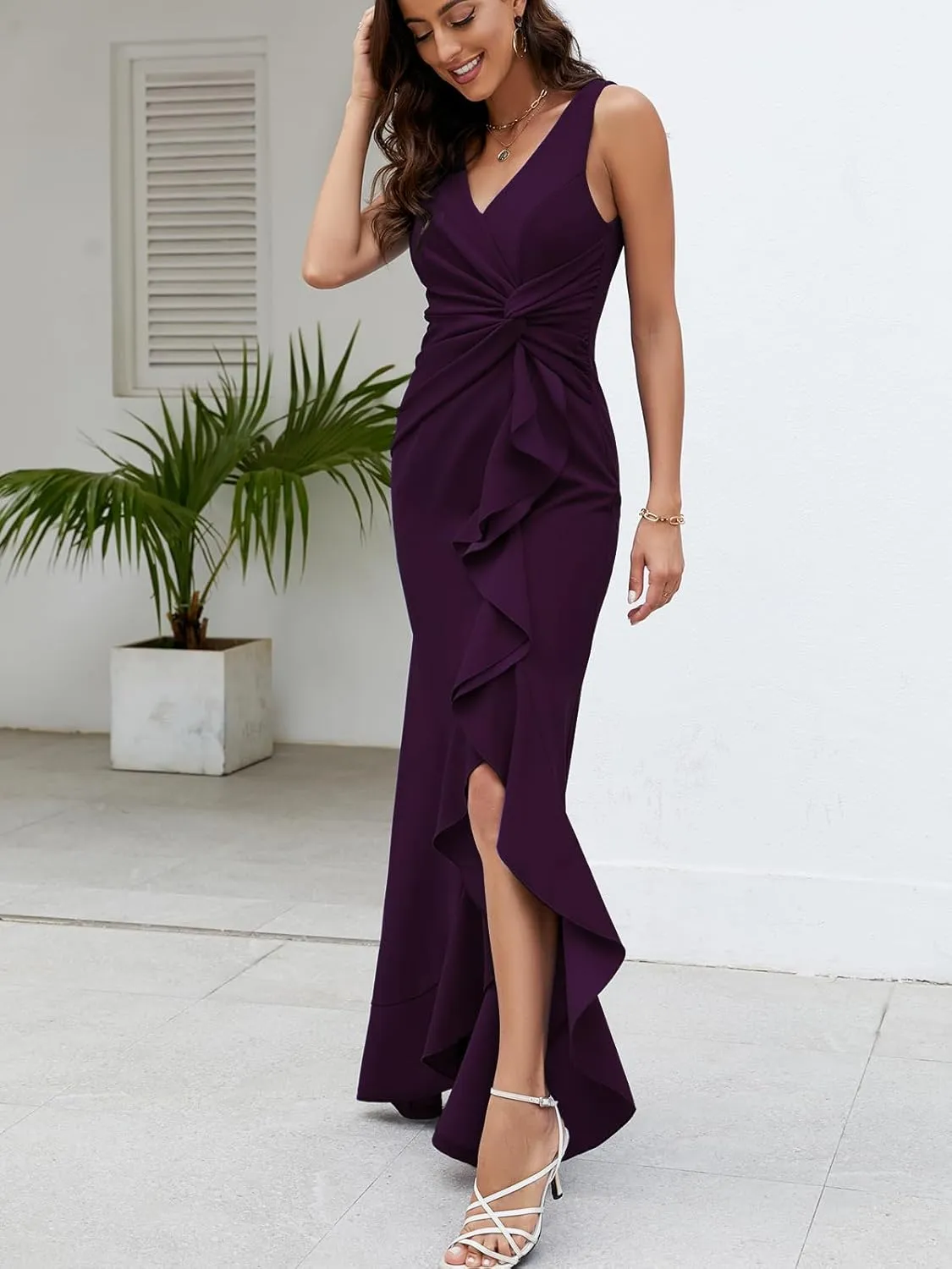 FQA Formal Evening Dresses for Women Elegant Evening Party Prom Dress Long Sexy V Neck Sleeveless Split Wrap