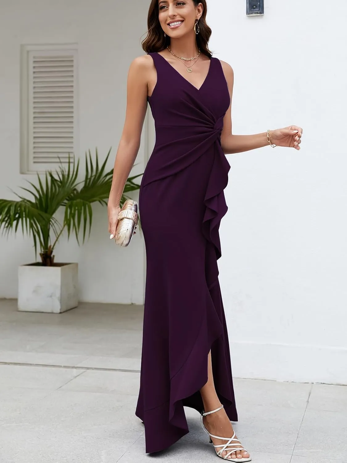 FQA Formal Evening Dresses for Women Elegant Evening Party Prom Dress Long Sexy V Neck Sleeveless Split Wrap