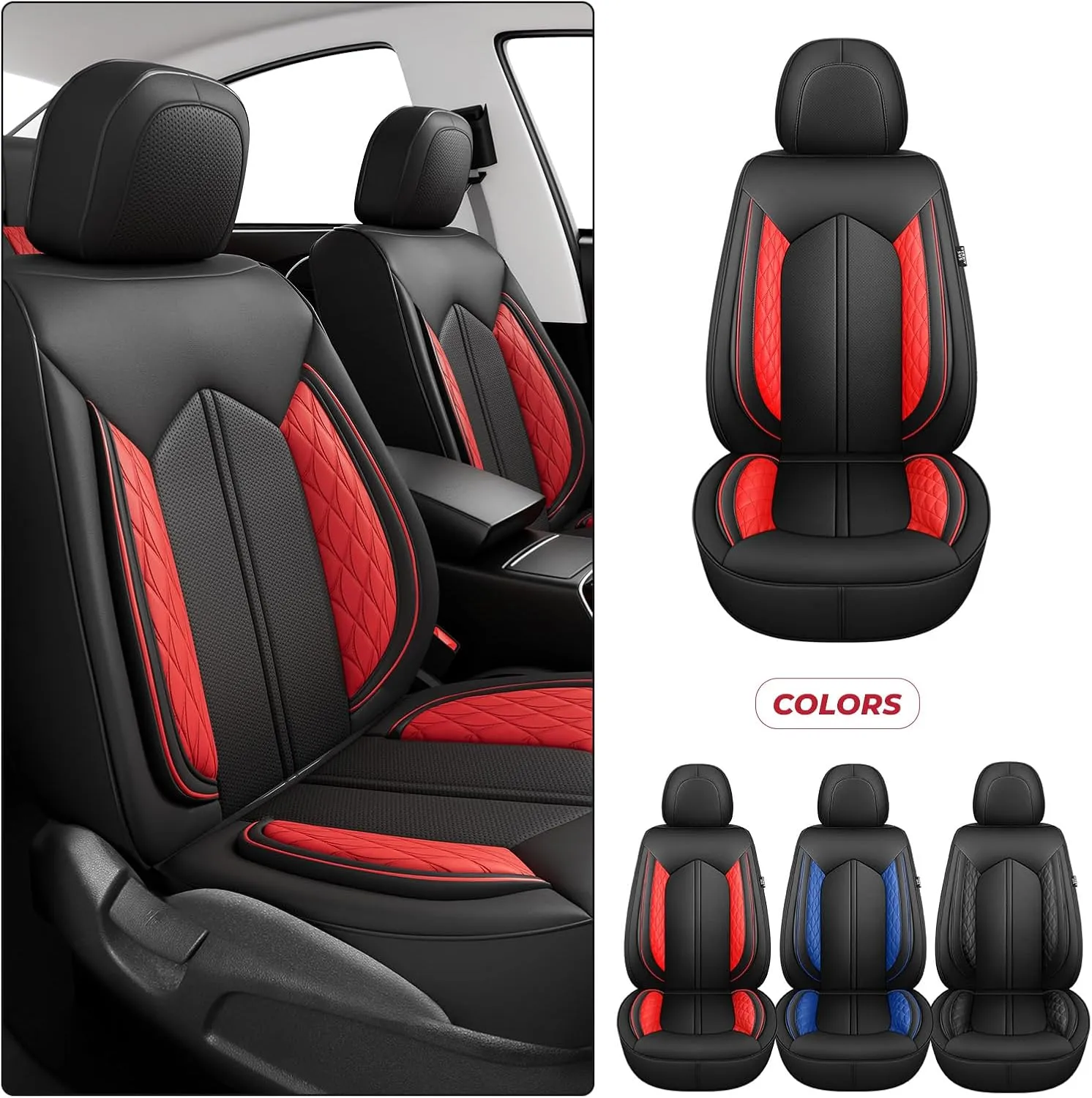 FREESOO Car Seat Covers Only Front 2pc, Breathable Faux Leather Seat Covers for Cars, Automotive Universal Seat Cover Protector Fit for Most Sedan SUV Pick-up Truck(BlackRed)