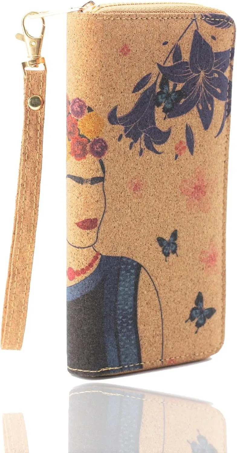 Frida Kahlo Cork Vegan Wristlet Wallet Mexican Art Design