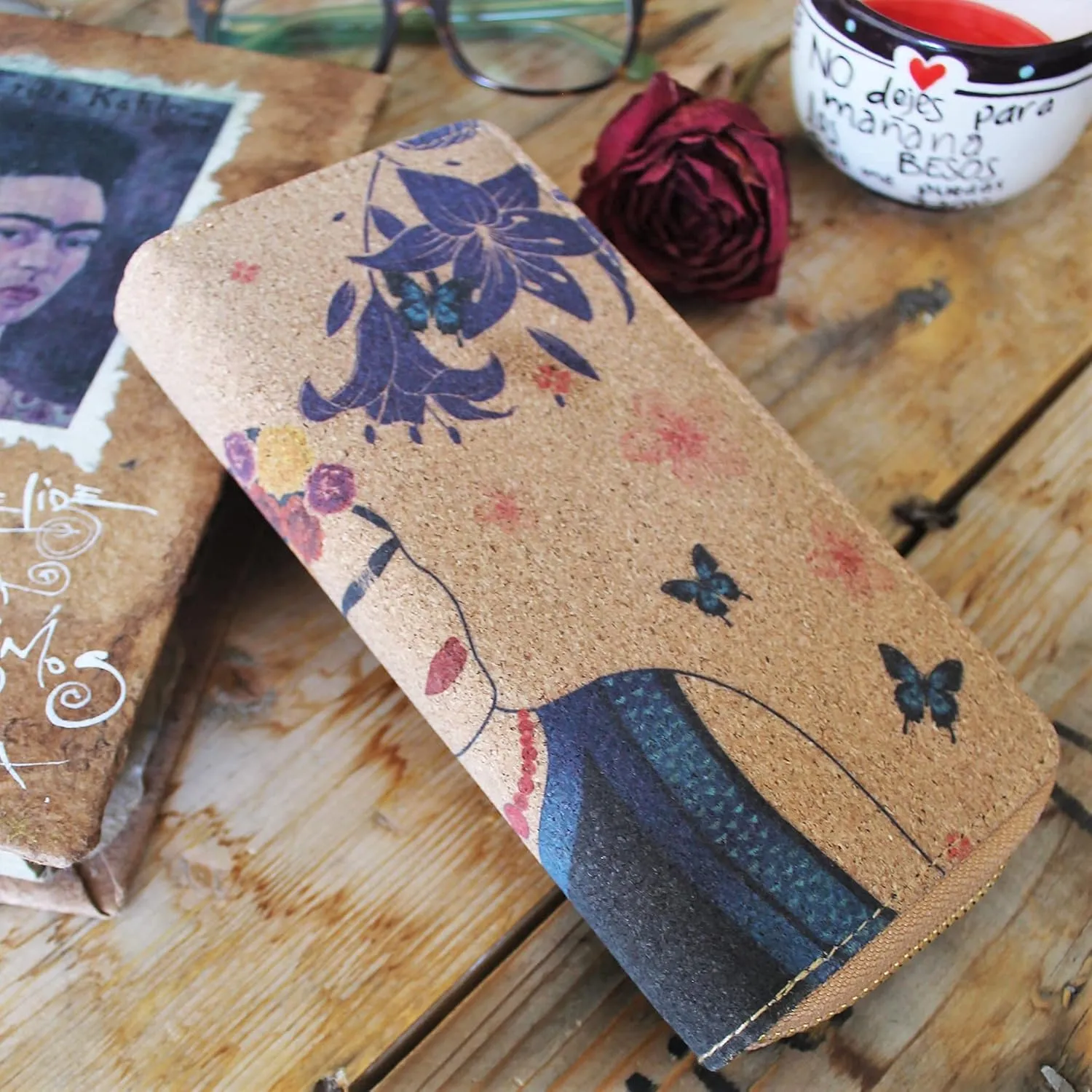Frida Kahlo Cork Vegan Wristlet Wallet Mexican Art Design