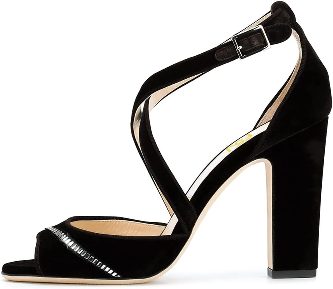 FSJ Women Elegant Peep Toe Sandals Chunky High Heel Pumps Cross Strap Velvet Suede Dress Pumps Size 4-15 US