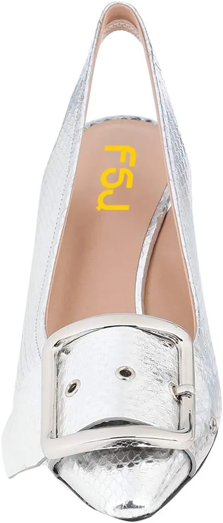 FSJ Women Fashion Pointed Toe Pumps Slip On Kitten Mid Low Heel Sandals Slingback Wide Buckle Strap Decor Crocodile Pattern Party Shoes Size 4-15 US