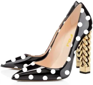 FSJ Women Gold Metal Chain Chunky High Heel Pointed Toe Slip On Fashion Party Prom Pumps Prom Shoes Size 4-15 US