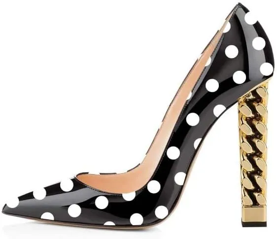FSJ Women Gold Metal Chain Chunky High Heel Pointed Toe Slip On Fashion Party Prom Pumps Prom Shoes Size 4-15 US