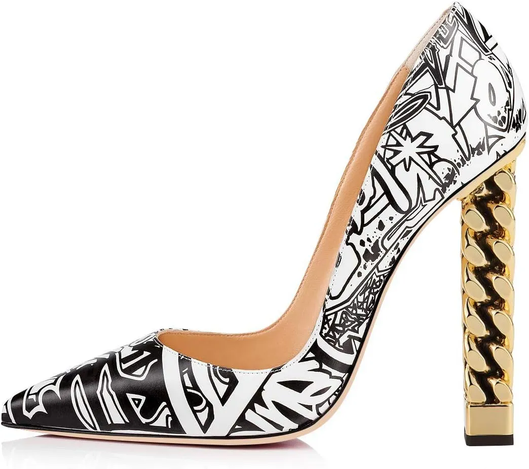 FSJ Women Gold Metal Chain Chunky High Heel Pointed Toe Slip On Fashion Party Prom Pumps Prom Shoes Size 4-15 US