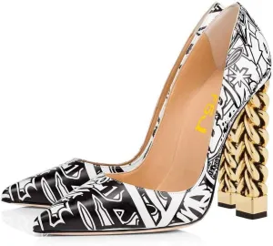 FSJ Women Gold Metal Chain Chunky High Heel Pointed Toe Slip On Fashion Party Prom Pumps Prom Shoes Size 4-15 US