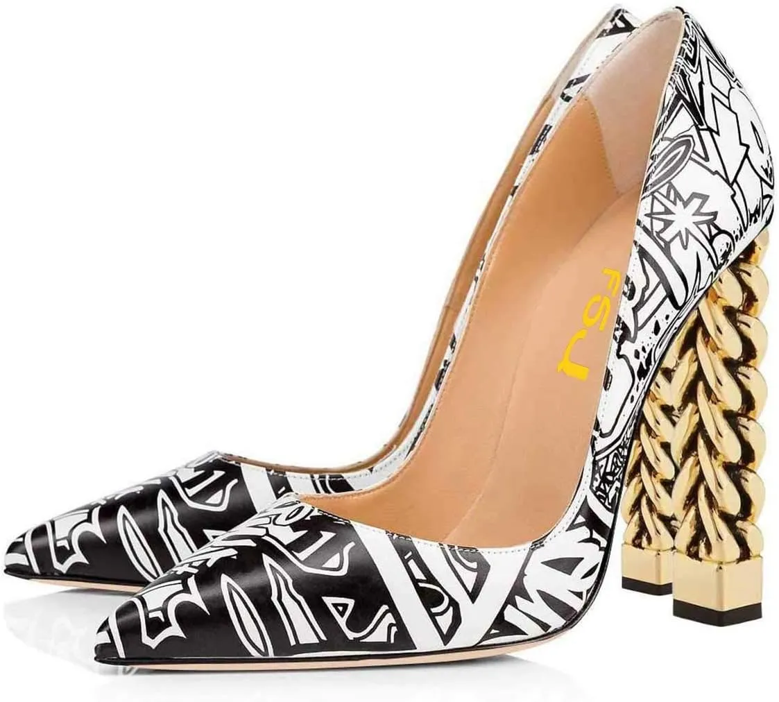 FSJ Women Gold Metal Chain Chunky High Heel Pointed Toe Slip On Fashion Party Prom Pumps Prom Shoes Size 4-15 US