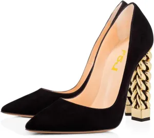 FSJ Women Gold Metal Chain Chunky High Heel Pointed Toe Slip On Fashion Party Prom Pumps Prom Shoes Size 4-15 US