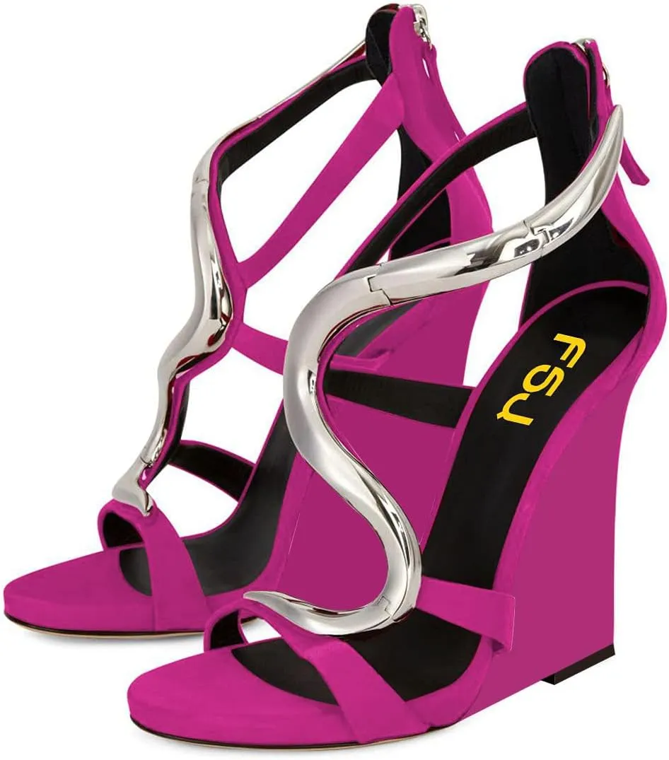 FSJ Women Open Toe Wedge Heel Sandals Metallic S Embellishment Back Zipper Strappy Party Prom Evening Shoes Size 4-16 US