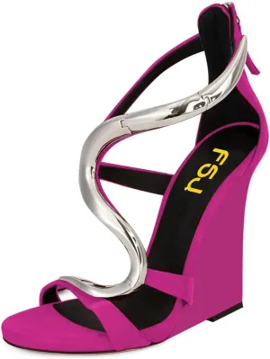 FSJ Women Open Toe Wedge Heel Sandals Metallic S Embellishment Back Zipper Strappy Party Prom Evening Shoes Size 4-16 US