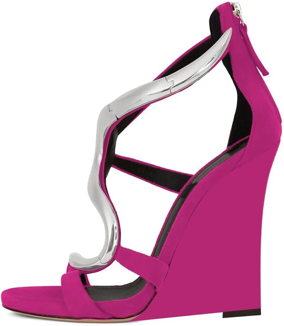 FSJ Women Open Toe Wedge Heel Sandals Metallic S Embellishment Back Zipper Strappy Party Prom Evening Shoes Size 4-16 US