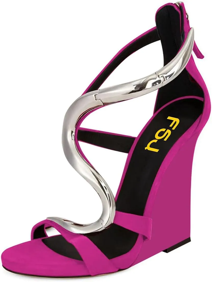FSJ Women Open Toe Wedge Heel Sandals Metallic S Embellishment Back Zipper Strappy Party Prom Evening Shoes Size 4-16 US