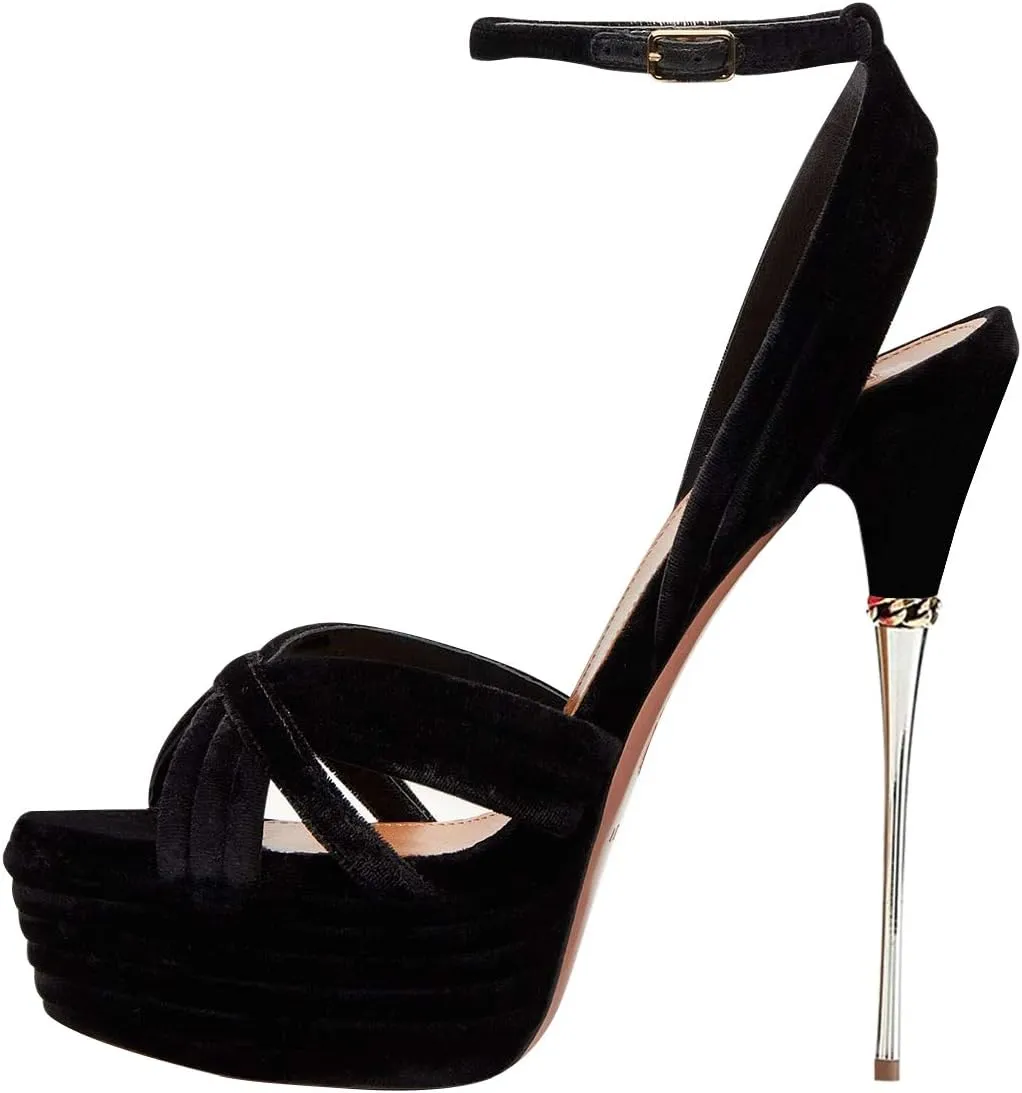 FSJ Women Sexy Strappy Open Toe Platform Sandals Ankle Strap High Stiletto Heel Metallic Dress Party Shoes Size 4-15 US