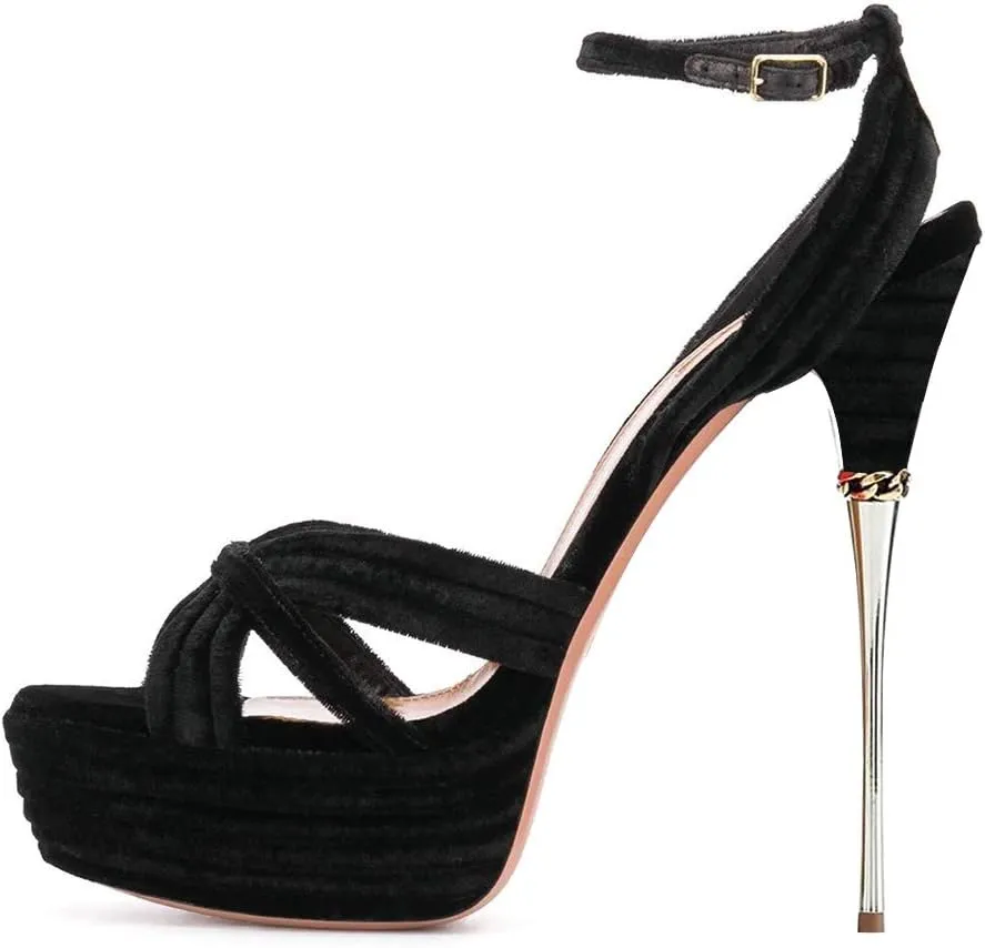 FSJ Women Sexy Strappy Open Toe Platform Sandals Ankle Strap High Stiletto Heel Metallic Dress Party Shoes Size 4-15 US