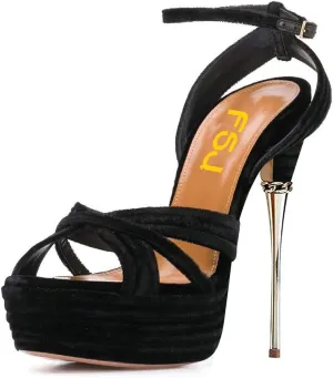 FSJ Women Sexy Strappy Open Toe Platform Sandals Ankle Strap High Stiletto Heel Metallic Dress Party Shoes Size 4-15 US