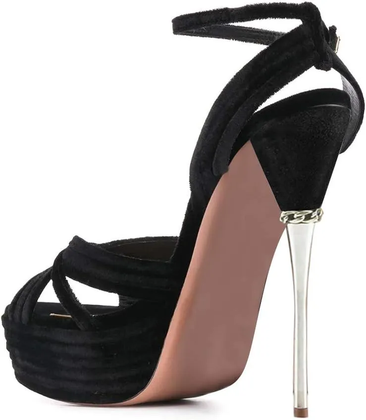FSJ Women Sexy Strappy Open Toe Platform Sandals Ankle Strap High Stiletto Heel Metallic Dress Party Shoes Size 4-15 US