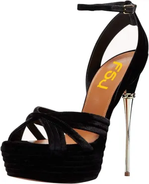 FSJ Women Sexy Strappy Open Toe Platform Sandals Ankle Strap High Stiletto Heel Metallic Dress Party Shoes Size 4-15 US