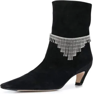 FSJ Women Square Toe Comfort Kitten Low Heel Ankle Boot Pull On Bootie Winter Faux Suede Casual Dressy Shoes Size 4-16 US