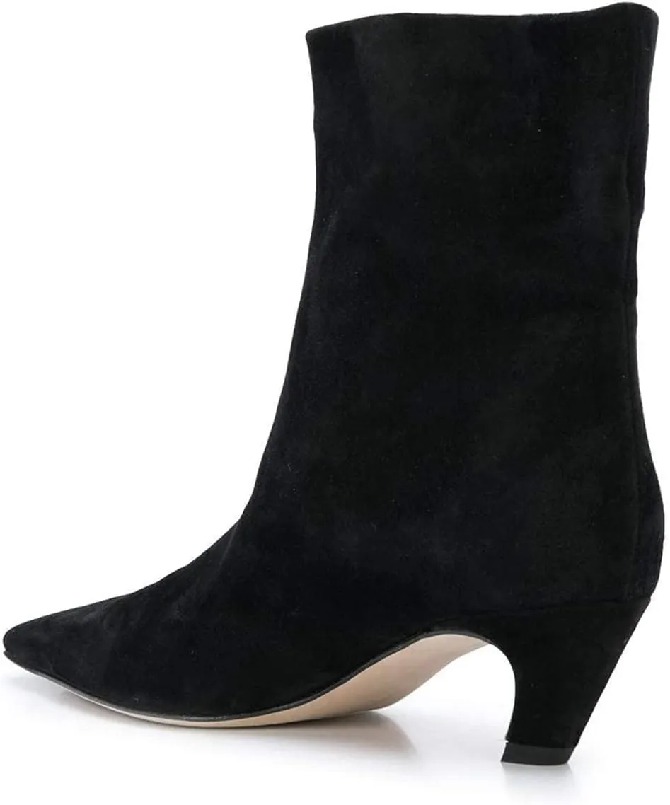 FSJ Women Square Toe Comfort Kitten Low Heel Ankle Boot Pull On Bootie Winter Faux Suede Casual Dressy Shoes Size 4-16 US