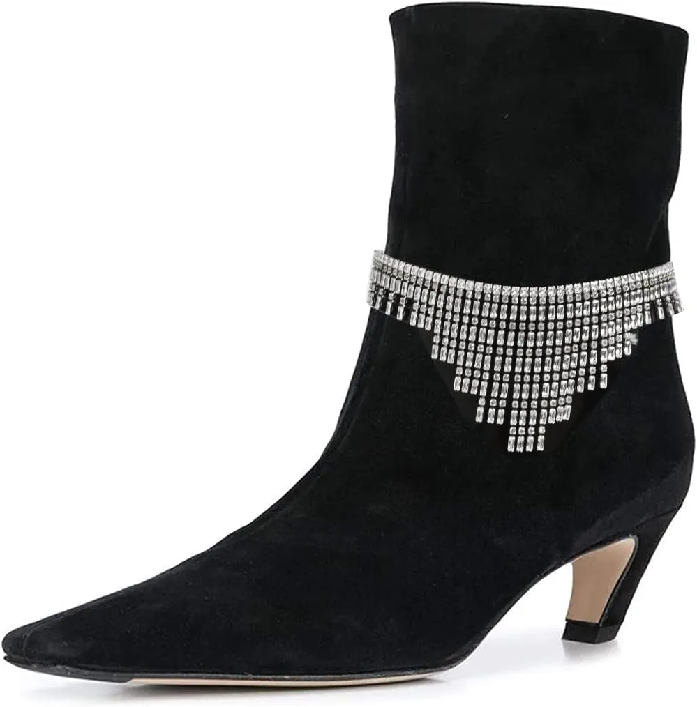 FSJ Women Square Toe Comfort Kitten Low Heel Ankle Boot Pull On Bootie Winter Faux Suede Casual Dressy Shoes Size 4-16 US
