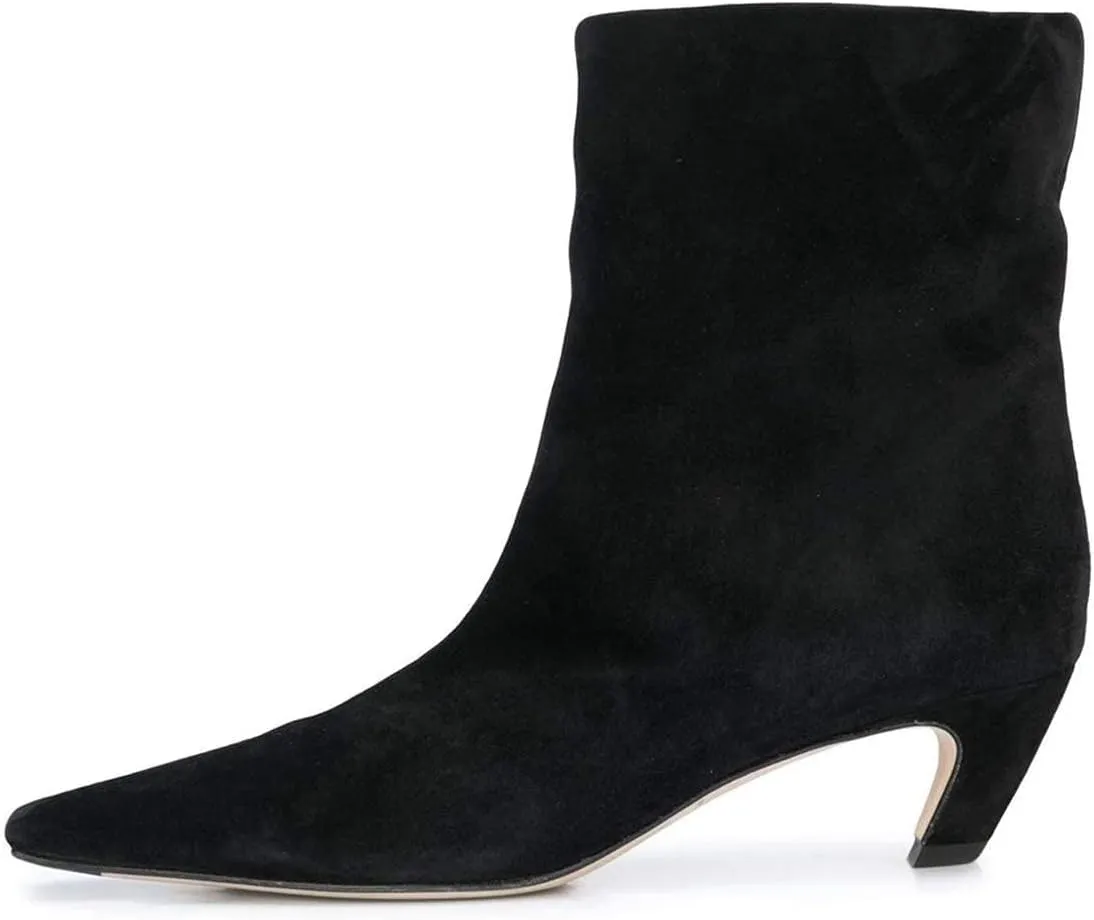 FSJ Women Square Toe Comfort Kitten Low Heel Ankle Boot Pull On Bootie Winter Faux Suede Casual Dressy Shoes Size 4-16 US