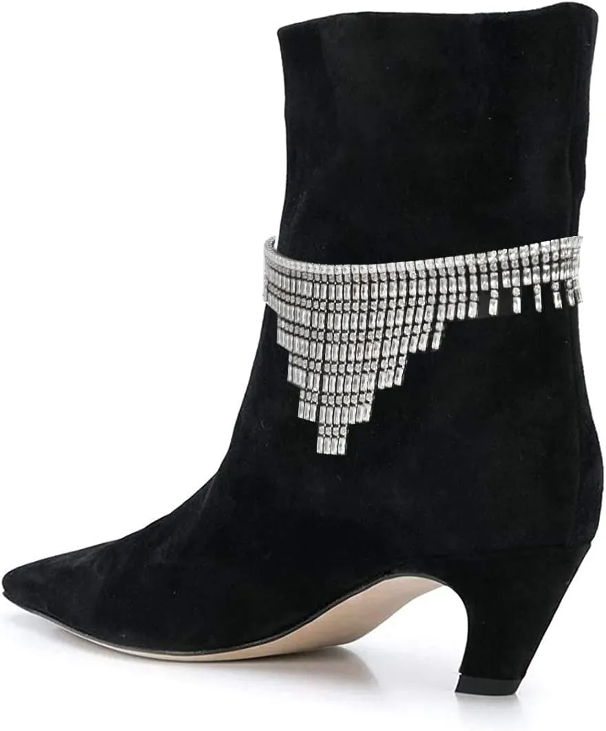 FSJ Women Square Toe Comfort Kitten Low Heel Ankle Boot Pull On Bootie Winter Faux Suede Casual Dressy Shoes Size 4-16 US