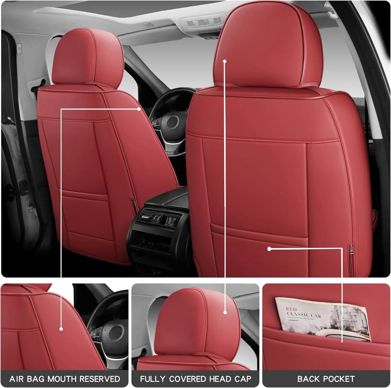 Full Coverage Front Set Seat Covers with Waterproof Leather,Lumber Support and Airbag Compatible,Universal Fit for Most SUVs, Trucks,and Sedans in Automotive Seat Covers