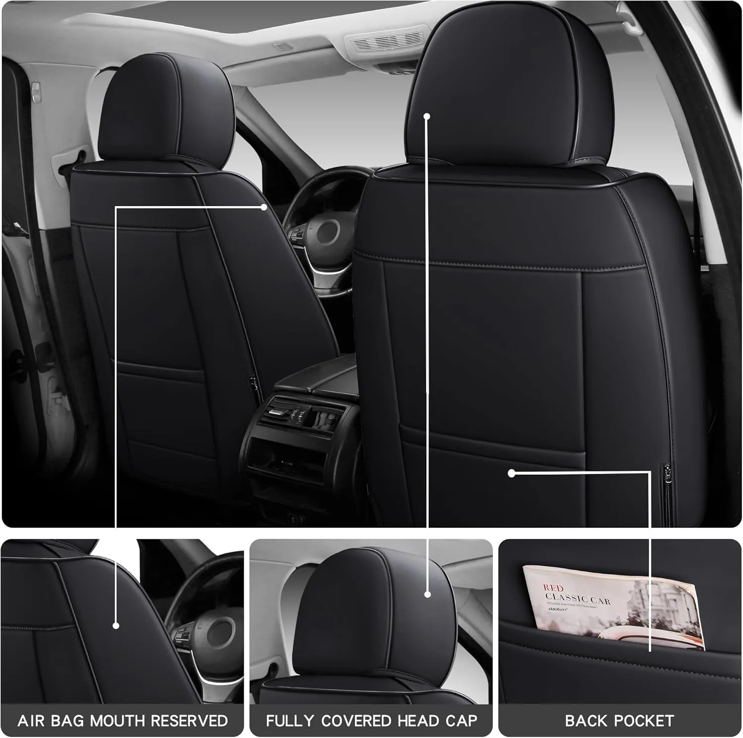 Full Coverage Front Set Seat Covers with Waterproof Leather,Lumber Support and Airbag Compatible,Universal Fit for Most SUVs, Trucks,and Sedans in Automotive Seat Covers