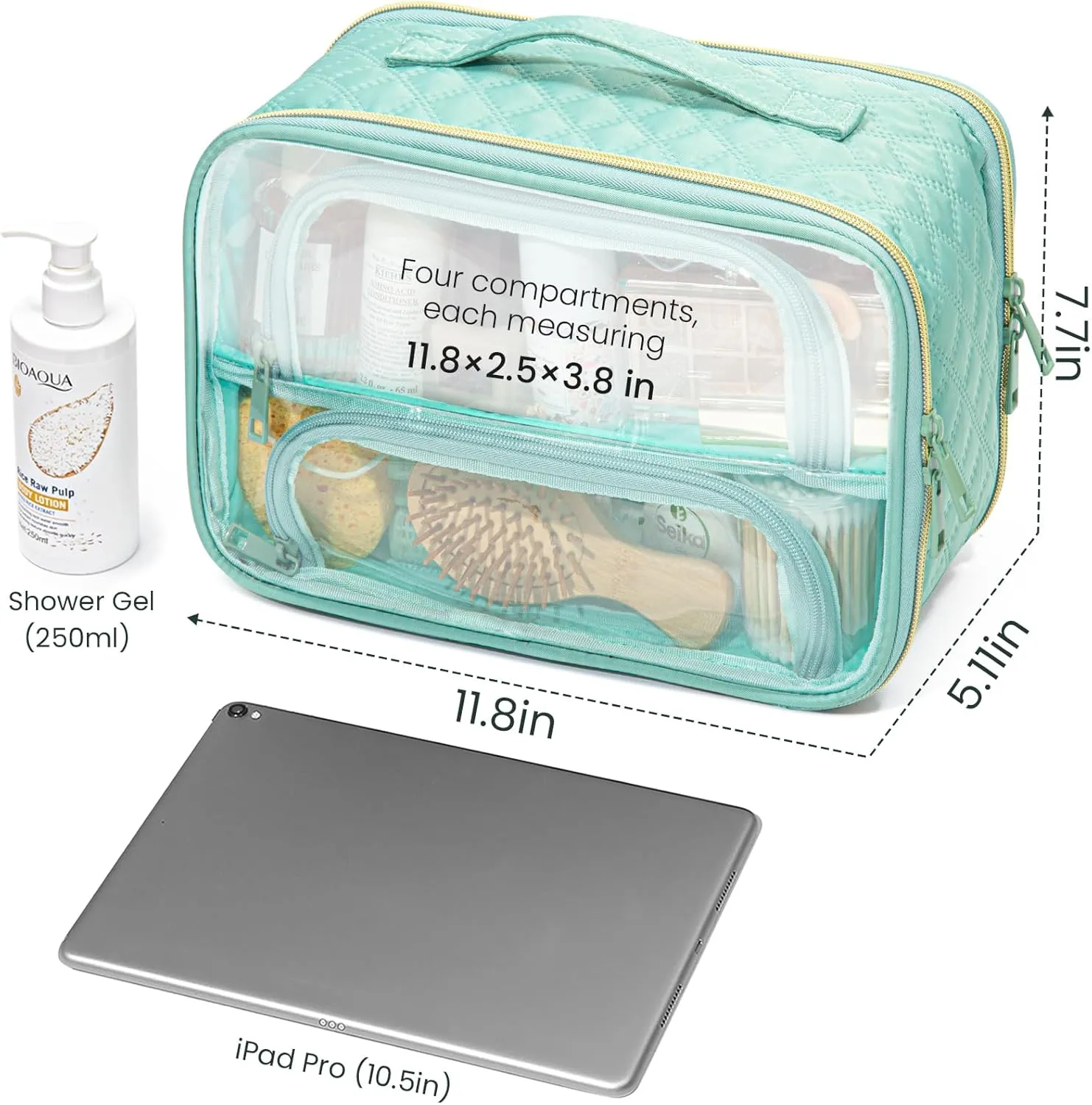 FUNSEED Clear Travel Toiletry Bag for Women, Large Makeup Organizer with Zipper Multiple Compartments for Cosmetic Toiletries (Turquoise Lake)