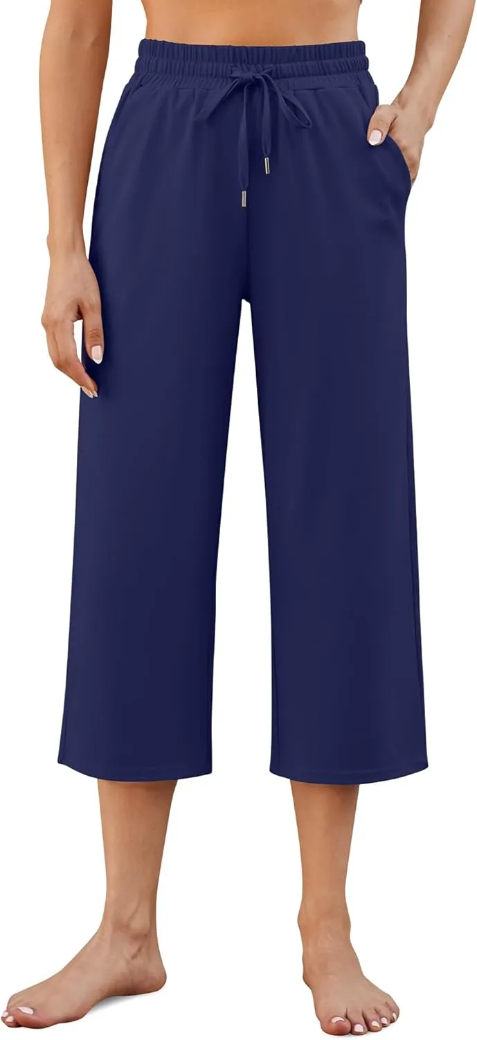 G4Free Wide Leg Pants for Women Yoga Capris with Pockets Drawstring Casual Cropped Pants for Summer