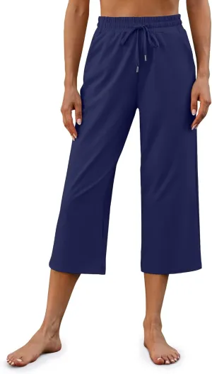 G4Free Wide Leg Pants for Women Yoga Capris with Pockets Drawstring Casual Cropped Pants for Summer