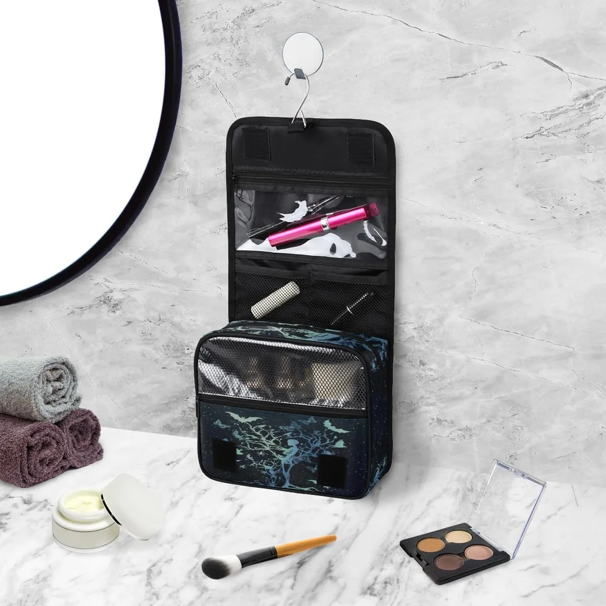 Galaxy Skull Tree Butterfly Hanging Toiletry Bag Travel Bag with Hanging Hook Large Cosmetic Bag Travel Organizer Toiletry Kit for Woman Man